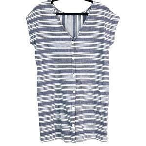 Peyton & Parker Cotton LINEN Dress Striped Blue White Casual Mini Shift Medium